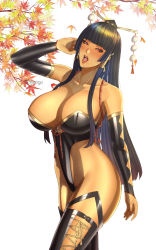 Rule 34 | 1girl, absurdres, black hair, blunt bangs, blush, breasts, cleavage, dead or alive, detached sleeves, hair ornament, half-closed eyes, hand in own hair, highleg, highres, large breasts, long hair, looking at viewer, nyotengu, open mouth, solo, tecmo, thighhighs