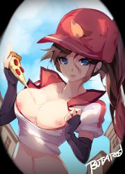 Rule 34 | 1girl, alternate costume, blouse, blue eyes, breasts, breasts out, brown hair, butaros, cheese, cleavage, clothes pull, day, elbow gloves, fingerless gloves, fisheye, food, food on body, food on breasts, gloves, hair between eyes, hat, highres, large breasts, league of legends, long hair, looking at viewer, nipple slip, nipples, no bra, open mouth, outdoors, pepperoni, pizza, pizza delivery sivir, pizza slice, ponytail, popped collar, red hat, shirt, sivir, solo, upper body, white shirt