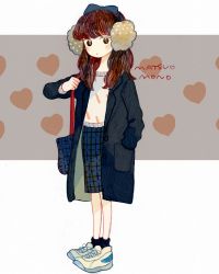 Rule 34 | 1girl, ankle socks, bag, blue coat, blue ribbon, blue skirt, blush stickers, brown eyes, brown hair, closed mouth, coat, commentary, cross-laced footwear, earmuffs, expressionless, from side, full body, grey background, hand in pocket, hand up, heart, heart background, long hair, long sleeves, looking at viewer, looking to the side, matsuo mono, medium skirt, mixed media, no nose, open clothes, open coat, original, plaid, plaid skirt, ribbon, shoes, shoulder bag, signature, skirt, sneakers, socks, solo, standing, symbol-only commentary, two-tone background, white background, white footwear