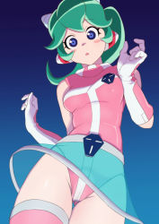 Rule 34 | 1girl, :o, bare shoulders, blue background, blue eyes, blush stickers, calen (time bokan), cameltoe, gloves, gluteal fold, green hair, headgear, leotard, long hair, looking at viewer, miniskirt, monsoon, pink leotard, pink thighhighs, ponytail, see-through, see-through skirt, skirt, solo, tatsunoko pro, thighhighs, time bokan 24, white gloves