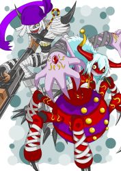 Rule 34 | 1boy, 1girl, archnemon, arthropod girl, artist request, bandages, bandana, claws, digimon, digimon (creature), digimon adventure 02, full body, gun, holding, holding weapon, insect girl, looking at viewer, monster boy, mummy, mummymon, open mouth, sharp teeth, spider girl, teeth, weapon, yellow eyes