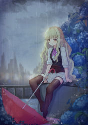 Rule 34 | 1girl, absurdres, black vest, blonde hair, blue flower, blunt bangs, bow, bowtie, breasts, brown thighhighs, closed mouth, collared shirt, flower, full body, grey sky, highres, holding, holding umbrella, huge filesize, hydrangea, kouki (chancegak), long hair, long sleeves, looking at viewer, miniskirt, no shoes, original, outdoors, overcast, pointy ears, purple bow, purple bowtie, rain, red eyes, shirt, sitting, skirt, sky, solo, thighhighs, umbrella, very long hair, vest, wet, white shirt, white skirt