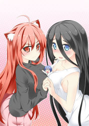 Rule 34 | 1boy, 2girls, animal ears, bare arms, between breasts, black hair, blue eyes, blue hair, blush, breast press, breasts, cat ears, catstudioinc (punepuni), cleavage, collarbone, dress, gradient background, holding hands, interlocked fingers, kaito (vocaloid), kuro (miku plus), long hair, long sleeves, looking at viewer, looking back, mini person, miniboy, multiple girls, o o, open mouth, original, person between breasts, pink background, puni (miku plus), red eyes, red hair, shirt, skirt, sleeveless, sleeveless dress, smile, symmetrical docking, the ring, very long hair, vocaloid, wavy mouth, white dress, yamamura sadako