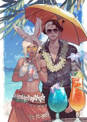 Rule 34 | 1boy, 1girl, animal ears, arm strap, warrior of light (ff14), beach, bikini, bikini top only, blue eyes, breasts, brown hair, byuub, dark-skinned female, dark skin, day, drinking straw, earrings, emet-selch, fictional persona, final fantasy, final fantasy xiv, glass, highres, jewelry, large breasts, looking at viewer, medium hair, multicolored hair, open mouth, outdoors, rabbit ears, sarong, short hair, sunglasses, swimsuit, tattoo, third eye, two-tone hair, umbrella, viera, water, white hair, yellow eyes