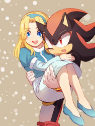 Rule 34 | 1boy, 1girl, :d, animal nose, bad id, bad pixiv id, blonde hair, blue dress, blue eyes, blue footwear, blue hairband, blush, carrying, dress, furry, furry male, furry with non-furry, gloves, hairband, highres, interspecies, long hair, maria robotnik, msg01, open mouth, princess carry, red eyes, shadow the hedgehog, smile, sonic (series), white gloves