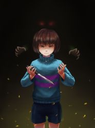Rule 34 | androgynous, blood, blood on hands, bloody knife, bloody weapon, brown eyes, brown hair, chara (undertale), cowboy shot, frisk (undertale), gender request, gikat, glint, glowing, glowing eyes, highres, knife, parted lips, petals, red eyes, shorts, spoilers, striped clothes, striped sweater, sweater, tears, undertale, weapon