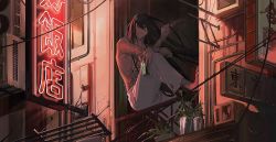 Rule 34 | 1boy, air conditioner, arm on knee, arm tattoo, barefoot, bishounen, black hair, building, can, chest tattoo, cigarette, closed mouth, commentary request, fate/grand order, fate (series), full body, hair between eyes, holding, holding can, holding cigarette, itefu, long hair, looking away, male focus, neon lights, plant, potted plant, railing, sign, sitting, smoke, solo, tattoo, topless male, very long hair, yan qing (fate)