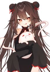 Rule 34 | 1girl, alternate costume, bad id, bad twitter id, brown hair, flower-shaped pupils, genshin impact, ghost, highres, hu tao (genshin impact), long sleeves, non porn, poteo, red eyes, simple background, symbol-shaped pupils, tongue, tongue out, white background