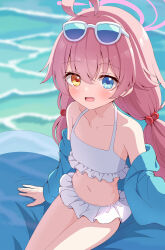 Rule 34 | 1girl, ahoge, azel (laevateinn495), bikini, blue archive, blue eyes, blue jacket, blurry, blurry background, blush, collarbone, commentary request, flat chest, frilled bikini, frills, hair between eyes, hair bobbles, hair flaps, hair ornament, halo, halterneck, heterochromia, highres, hoshino (blue archive), hoshino (swimsuit) (blue archive), jacket, jacket partially removed, long hair, long sleeves, looking at viewer, low twintails, navel, ocean, official alternate costume, open mouth, pink hair, pink halo, sitting, smile, solo, swimsuit, thighs, twintails, white bikini, yellow eyes