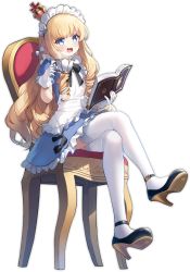Rule 34 | 1girl, apron, artist request, azur lane, bird, blonde hair, blue eyes, book, boots, chair, crossed legs, crown, cup, dove, drill hair, eyebrows hidden by hair, fang, frilled apron, frilled skirt, frills, full body, gloves, gold trim, hat, high heels, holding, holding book, long hair, maid, maid headdress, mini crown, official alternate costume, official art, open mouth, queen elizabeth (azur lane), queen elizabeth (yes your maidness!) (azur lane), railing, sitting, skirt, sky, table, teacup, thighhighs, transparent background, white apron, white gloves, white thighhighs