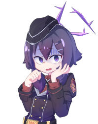 Rule 34 | 1girl, black hat, black jacket, blue archive, buttons, commentary, double-breasted, double-parted bangs, garrison cap, hair ornament, hairclip, halo, haruka (blue archive), hat, hexaa, highres, jacket, layered sleeves, long hair, long sleeves, looking at viewer, open mouth, purple background, purple eyes, purple hair, purple halo, red shirt, shaded face, shirt, simple background, solo, upper body, white background