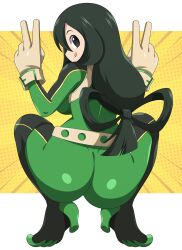 Rule 34 | 1girl, absurdres, abysswatchers, artist name, ass, asui tsuyu, belt, black footwear, bodysuit, boku no hero academia, boots, border, breasts, brown eyes, clenched hand, closed mouth, dark green hair, expressionless, eyelashes, female focus, frog girl, full body, gloves, green bodysuit, groin, hair between eyes, hand up, high collar, highres, huge ass, impossible hair, long hair, long sleeves, looking at viewer, looking back, medium breasts, neck, shiny clothes, sidelocks, skin tight, smile, squatting, standing, superhero costume, thigh boots, thighs together, tongue, tongue out, v, very long hair, white border, wide-eyed, wide hips