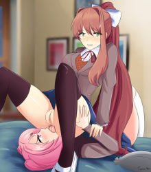 Rule 34 | 2girls, anal, angry, anilingus, anus, ass, ass grab, bed, bedroom, blush, cleft of venus, doki doki literature club, female focus, forced, fourth wall, glazinbuns, green eyes, holding another&#039;s wrist, lip biting, long hair, looking at viewer, lying, monika (doki doki literature club), multiple girls, natsuki (doki doki literature club), on back, on bed, orange hair, pink eyes, pink hair, pussy, school uniform, shoes, sitting, sitting on face, sitting on person, thighhighs, tongue, tongue out, uncensored, yuri
