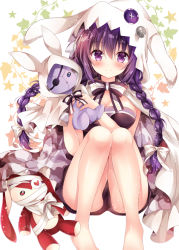 Rule 34 | 1girl, :&lt;, alternate costume, animal hood, bare arms, bare legs, barefoot, bow, bowtie, braid, breasts, button eyes, buttons, cleavage, cloak, closed mouth, eyebrows, eyepatch, gochuumon wa usagi desu ka?, hair between eyes, hair bow, halloween, halloween costume, heart, heart print, holding, hood, hooded cloak, knees up, leaf, leaf background, legs, long hair, looking at viewer, low-tied long hair, medium breasts, nogi takayoshi, purple eyes, purple hair, rabbit hood, shiny skin, smile, solo, striped bow, striped bowtie, striped clothes, striped neckwear, stuffed animal, stuffed rabbit, stuffed toy, tareme, tedeza rize, twin braids, very long hair, white bow, white bowtie
