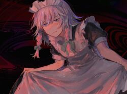 Rule 34 | 1girl, apron, black dress, bow, braid, closed mouth, collared dress, commentary request, cowboy shot, curtsey, detached sleeves, dress, grey eyes, grey hair, hair bow, izayoi sakuya, leaning, long hair, looking at viewer, maid, maid apron, maid headdress, smile, solo, tabun (osoracu), touhou, twin braids, white apron