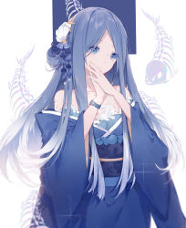 Rule 34 | 1girl, bare shoulders, blue eyes, blue hair, blue kimono, breasts, closed mouth, collarbone, commentary request, fingernails, fish skeleton, hands up, head tilt, highres, japanese clothes, kimono, long hair, miyuki (miyuki0529), obi, off shoulder, one side up, original, own hands together, parted bangs, sash, shell hair ornament, small breasts, solo, starfish hair ornament, very long hair, white background