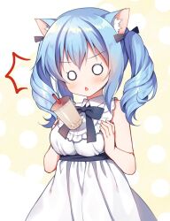 Rule 34 | 1girl, ^^^, animal ear fluff, animal ears, artist request, blue hair, blush, bow, bubble tea challenge failure, cat ears, cat girl, check artist, chestnut mouth, double-parted bangs, dress, frilled dress, frills, hair bow, hand on own chest, mauve, o o, object on breast, original, ronne-chan (mauve), sash, solo, third-party source, twintails, underbust, v-shaped eyebrows, white dress