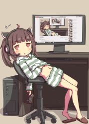 Rule 34 | 1girl, :o, ahoge, animal ear headphones, animal ears, blush, brown background, brown eyes, brown footwear, brown hair, cat ear headphones, chair, clothes lift, clothes pull, commentary request, computer, controller, daisyou, fake animal ears, full body, game controller, hand under clothes, headgear, headphones, headset, highres, holding, hood, hood down, hoodie, keyboard (computer), lifting own clothes, looking at viewer, monitor, navel, office chair, on chair, panties, parted lips, recursion, shirt lift, short shorts, shorts, shorts pull, slippers, solo, striped clothes, striped hoodie, striped shorts, swivel chair, touhoku kiritan, twintails, underwear, voiceroid, white panties, youtube