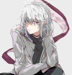 Rule 34 | 1boy, accelerator (toaru majutsu no index), anninn do fu, closed mouth, commentary request, electrodes, fur trim, grey background, grey shirt, hand up, jacket, long sleeves, looking at viewer, male focus, medium hair, open clothes, open jacket, red eyes, shirt, sideways glance, simple background, solo, toaru majutsu no index, white hair