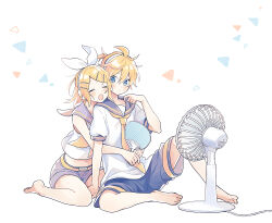 Rule 34 | 1boy, 1girl, ahoge, arms around waist, bare arms, bare legs, bare shoulders, barefoot, blonde hair, blue eyes, blush, bow, cheek-to-cheek, closed mouth, commentary, electric fan, grey sailor collar, grey shorts, hair bow, hair ornament, hairclip, hand fan, headphones, heads together, headset, hot, hug, hug from behind, kagamine len, kagamine rin, looking at another, neckerchief, necktie, open mouth, paper fan, sailor collar, sailor shirt, shirt, short hair, short ponytail, short sleeves, shorts, siblings, sideways glance, sitting, sleeveless, sleeveless shirt, suzumi (fallxalice), sweat, twins, vocaloid, wariza, white bow, yellow nails, yellow neckerchief, yellow necktie