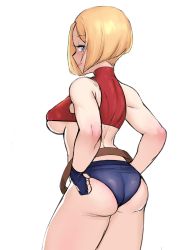 Rule 34 | 1girl, absurdres, adjusting clothes, adjusting shorts, arched back, ass, back, bare arms, bare shoulders, belt, belt skirt, blonde hair, blue eyes, blue gloves, blue mary, blue shorts, breasts, brown belt, closed mouth, contrapposto, cowboy shot, crop top, denim, denim shorts, eyelashes, facing viewer, fatal fury, fingerless gloves, from behind, gloves, half-closed eye, highres, looking back, loose belt, medium breasts, micro shorts, moebell, red shirt, shirt, short hair, shorts, simple background, sleeveless, sleeveless shirt, solo, the king of fighters, thighs, toned, turtleneck, underboob, white background
