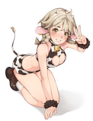 Rule 34 | 1girl, absurdres, animal ears, animal print, artist name, bare shoulders, bell, blush, boots, braid, breasts, brown eyes, brown footwear, chinese zodiac, cleavage, cleavage cutout, clothing cutout, colored eyelashes, cow ears, cow girl, cow horns, cow print, cow tail, cowbell, crop top, hair between eyes, halter shirt, halterneck, heart cutout, highres, horns, kneeling, looking at viewer, medium breasts, medium hair, neck bell, original, parted lips, pink background, print shirt, print shorts, shirt, short shorts, shorts, smile, socks, solo, syertse, tail, teeth, twin braids, v, white background, white socks, wristband, year of the ox
