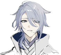 Rule 34 | 1boy, bishounen, blue hair, genshin impact, hair between eyes, high collar, highres, japanese clothes, kamisato ayato, male focus, mole, mole under mouth, parted lips, portrait, purple eyes, sho yai, simple background, sketch, solo, unfinished