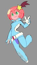 Rule 34 | 1girl, bacun, belt, blue bodysuit, bodysuit, breasts, bright pupils, closed mouth, commentary, english commentary, foot up, full body, green eyes, grey background, hair between eyes, hair ornament, hand up, helmet, looking ahead, luluco, multicolored bodysuit, multicolored clothes, ponytail, red hair, short hair, simple background, small breasts, smile, solo, space helmet, star (symbol), star hair ornament, uchuu patrol luluco, white belt, white bodysuit, white pupils
