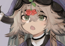 Rule 34 | 1girl, absurdres, arknights, blouse, brown hair, fang, flower, green eyes, grey background, hair between eyes, highres, horns, linchuanzelaip, open mouth, pallas (arknights), portrait, purple shirt, shirt, simple background, skin fang, solo, upper body, veil