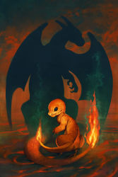Rule 34 | charizard, charmander, commentary, creature, creatures (company), devin elle kurtz, dragon, fiery tail, fire, fire, flame-tipped tail, full body, game freak, gen 1 pokemon, horns, nintendo, no humans, pokemon, pokemon (creature), signature, silhouette, size difference, standing, tail, wings