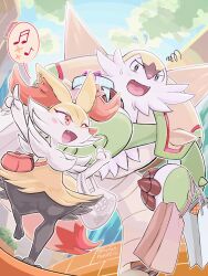Rule 34 | 1boy, 1girl, animal ear fluff, animal ears, animal feet, animal hands, animal nose, arm up, artist name, bag, beard, black eyes, black fur, blue sky, blush, blush stickers, body fur, box, braixen, bright pupils, chesnaught, creatures (company), day, english text, eye contact, facial hair, fangs, flat chest, flying sweatdrops, fox ears, fox girl, fox tail, froakie, full body, furry, furry female, furry male, game freak, gen 6 pokemon, gift, gift box, hand up, highres, holding, holding bag, holding box, leg up, looking at another, looking back, multicolored fur, musical note, neck fur, nintendo, one eye closed, open mouth, outdoors, outline, outstretched arm, pointing, pokemon, pokemon (creature), red eyes, runachikku, shopping, shopping bag, shoulder bag, signature, sky, snout, sparkle, speech bubble, spoken musical note, spoken sparkle, squiggle, standing, standing on one leg, sweat, tail, twitter username, walking, white fur, white outline, white pupils, wink, yellow fur
