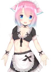 Rule 34 | 1girl, :d, animal ears, apron, black skirt, blue eyes, blush, breasts, choker, cleavage, collarbone, commentary request, cowboy shot, crop top, go-1, highres, maid, maid headdress, md5 mismatch, medium breasts, midriff, navel, open mouth, original, pink hair, resolution mismatch, short hair, simple background, skirt, smile, solo, source larger, standing, underboob, waist apron, white background, wrist cuffs