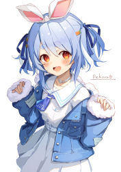Rule 34 | 1girl, :d, belt, blue hair, blue jacket, blue neckerchief, blue ribbon, blush, brat (brabrabrat00), carrot hair ornament, character name, choker, commentary request, dress, food-themed hair ornament, hair ornament, hair ribbon, hands up, highres, hololive, jacket, long sleeves, looking at viewer, multicolored hair, neckerchief, official alternate costume, open clothes, open jacket, open mouth, red eyes, ribbon, sailor collar, short eyebrows, short hair, sideways glance, simple background, sleeves past wrists, smile, solo, streaked hair, thick eyebrows, usada pekora, usada pekora (casual), virtual youtuber, white background, white belt, white choker, white dress, white hair, white sailor collar