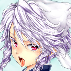 Rule 34 | 1girl, blush, braid, chikado, colored eyelashes, eyelashes, head scarf, izayoi sakuya, looking at viewer, open mouth, portrait, red eyes, saliva, short hair, silver hair, simple background, solo, tongue, tongue out, touhou, twin braids