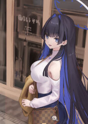 Rule 34 | 1girl, :d, anouetto, bag, bare shoulders, between breasts, blue eyes, blue hair, blue pants, boros (ouro kronii), breasts, brown bag, clothing cutout, denim, halo, handbag, highres, hololive, hololive english, jeans, large breasts, long hair, looking at viewer, mechanical halo, open mouth, ouro kronii, pants, shirt, shoulder cutout, smile, strap between breasts, virtual youtuber, white shirt
