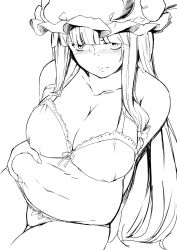 Rule 34 | bare shoulders, belly grab, blunt bangs, blush, bow, bow bra, bow panties, bra, breasts, cleavage, covered erect nipples, deetamu, grabbing, greyscale, hat, highres, large breasts, long hair, looking at viewer, mob cap, monochrome, panties, patchouli knowledge, plump, simple background, solo, touhou, underwear, white background