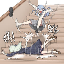 2girls anglediana bang_dream! bang_dream!_it&#039;s_mygo!!!!! blue_dress blue_hair chinese_commentary commentary_request dress falling green_hair grey_skirt long_hair mortis_(bang_dream!) multiple_girls shirt sidelocks skirt stairs togawa_sakiko two_side_up wakaba_mutsumi white_shirt