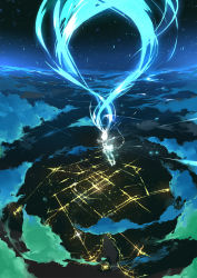 Rule 34 | 1girl, absurdly long hair, aqua hair, barefoot, city lights, cloud, dress, falling, hatsune miku, highres, long hair, night, night sky, outstretched arms, sky, solo, spread arms, tameiki, transparent, very long hair, vocaloid
