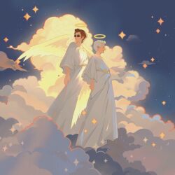 Rule 34 | 2boys, 7203274984, angel, angel wings, aziraphale (good omens), cloud, crowley (good omens), glasses, good omens, halo, highres, long sleeves, multiple boys, red hair, robe, sparkle background, white hair, white robe, wings