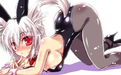 Rule 34 | 1girl, all fours, alternate costume, animal ears, breasts, finger to mouth, from side, hair between eyes, hairband, inubashiri momiji, large breasts, leotard, looking at viewer, pantyhose, playboy bunny, pouty lips, rabbit ears, red eyes, shiny skin, short hair, sideboob, solo, top-down bottom-up, touhou, white hair, wolf ears, yamu (reverse noise)