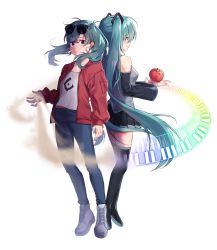Rule 34 | ahoge, apple, aqua hair, aqua shirt, bare shoulders, black sleeves, boots, breasts, collarbone, commentary request, denim, detached sleeves, dual persona, dust, earrings, eyewear on head, food, frown, fruit, full body, hair ornament, hatsune miku, highres, holding, holding food, holding fruit, jacket, jeans, jewelry, long hair, long sleeves, looking at viewer, medium breasts, pants, pleated skirt, red jacket, shirt, shoes, simple background, skirt, smile, sunglasses, taemin, thigh boots, thighhighs, twintails, very long hair, vocaloid, white background, white footwear, white shirt
