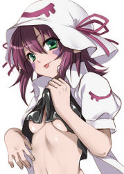 Rule 34 | 1girl, :p, breasts, facial mark, green eyes, hat, ichiro yoshizumi, merry nightmare, navel, pointy ears, purple hair, short hair, simple background, smile, solo, tongue, tongue out, underboob, white background, yumekui merry