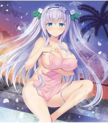 Rule 34 | 1girl, bad id, bad twitter id, blue eyes, breasts, cleavage, closed mouth, covering privates, flower knight girl, hair ornament, hairband, kinutasou (flower knight girl), large breasts, long hair, looking at viewer, naked towel, naruse mamoru, nude cover, onsen, petals, pink towel, silver hair, smile, solo, towel, water
