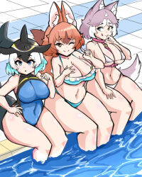 Rule 34 | :t, alternate breast size, animal ear fluff, animal ears, bare shoulders, bikini, black hair, blonde hair, blowhole, blue eyes, blue hair, blue one-piece swimsuit, blush, breasts, brown hair, cetacean tail, cleavage, collar, common dolphin (kemono friends), dhole (kemono friends), dog (mixed breed) (kemono friends), dog ears, dog girl, dog tail, dolphin girl, dorsal fin, extra ears, fins, fish tail, frilled bikini, frills, heterochromia, huge breasts, kemono friends, kemono friends 3, kemonokiller, large breasts, licking lips, looking at viewer, multicolored hair, multiple girls, official alternate costume, one-piece swimsuit, one eye closed, open mouth, partially submerged, pool, poolside, short hair, smile, soaking feet, swimsuit, tail, tongue, tongue out, two-tone hair, water, white bikini, white hair
