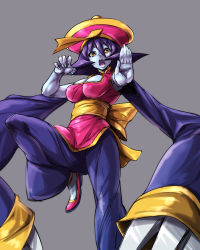 Rule 34 | 1girl, blue skin, breasts, capcom, cleavage, colored skin, flipped hair, hat, jiangshi, large breasts, lei lei, nekomamire, open mouth, purple hair, qingdai guanmao, solo, vampire (game), yellow eyes