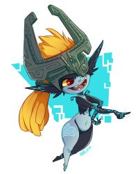 Rule 34 | 1girl, arm up, artist name, black skin, blue background, breasts, colored sclera, colored skin, fangs, female focus, floating, full body, hand on own hip, happy, helmet, highres, huffslove, long hair, magic, midna, multicolored skin, navel, nintendo, no nipples, no pussy, open mouth, orange hair, pointing, pointy ears, ponytail, red eyes, signature, simple background, small breasts, smile, solo, tattoo, teeth, the legend of zelda, the legend of zelda: twilight princess, tongue, two-tone background, two-tone skin, white skin, yellow sclera