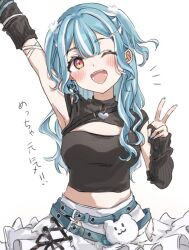 Rule 34 | armpits, belt, black arm warmers, blue belt, blue hair, breasts, cleavage cutout, clothing cutout, detached sleeves, double bun, earrings, frilled skirt, frills, hair bun, hair ornament, hairclip, heart, jewelry, kuritaso111, looking at viewer, medium breasts, midriff, multicolored eyes, multicolored hair, one eye closed, open mouth, orange eyes, red eyes, shiranami ramune, simple background, skirt, sleeves past wrists, solo, streaked hair, upper body, v, virtual youtuber, vspo!, white background, white hair, white skirt