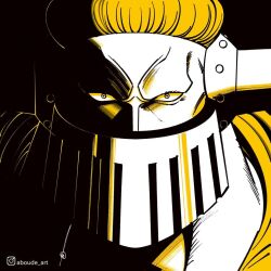Rule 34 | 1boy, aboude art, artist name, blonde hair, horns, instagram logo, instagram username, jack (one piece), limited palette, looking at viewer, male focus, mask, mouth mask, one piece, signature, solo