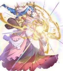 Rule 34 | 1girl, attack, blue eyes, bracelet, braid, breasts, cleavage, crown, dress, fire emblem, fire emblem engage, fire emblem heroes, frilled dress, frills, glowing, gold cape, headdress, highres, jewelry, light, long hair, lumera (fire emblem), medium breasts, nintendo, non-web source, parted lips, solo, v-shaped eyebrows, white dress