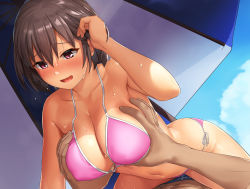 Rule 34 | 1boy, 1girl, :d, bare arms, bare shoulders, beach umbrella, bikini, blue sky, blush, grabbing another&#039;s breast, breasts, brown hair, cleavage, cloud, collarbone, commentary request, covered erect nipples, day, girl on top, grabbing, hair between eyes, tucking hair, hand up, highres, large breasts, navel, nose blush, open mouth, original, outdoors, pink bikini, pink eyes, sawada yuusuke, side-tie bikini bottom, sidelocks, sky, smile, stomach, sweat, swimsuit, umbrella